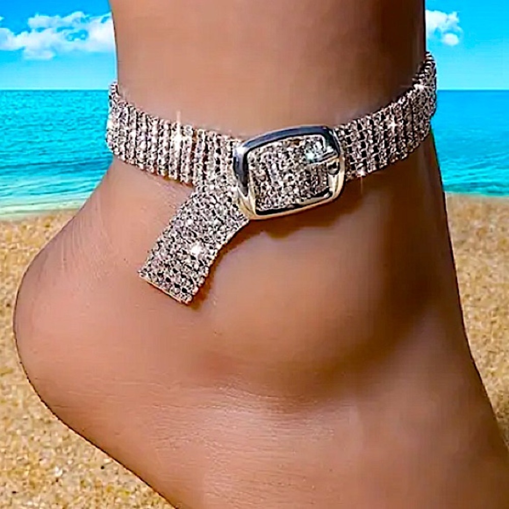 Silver Rhinestone Buckle Ankle Bracelet
